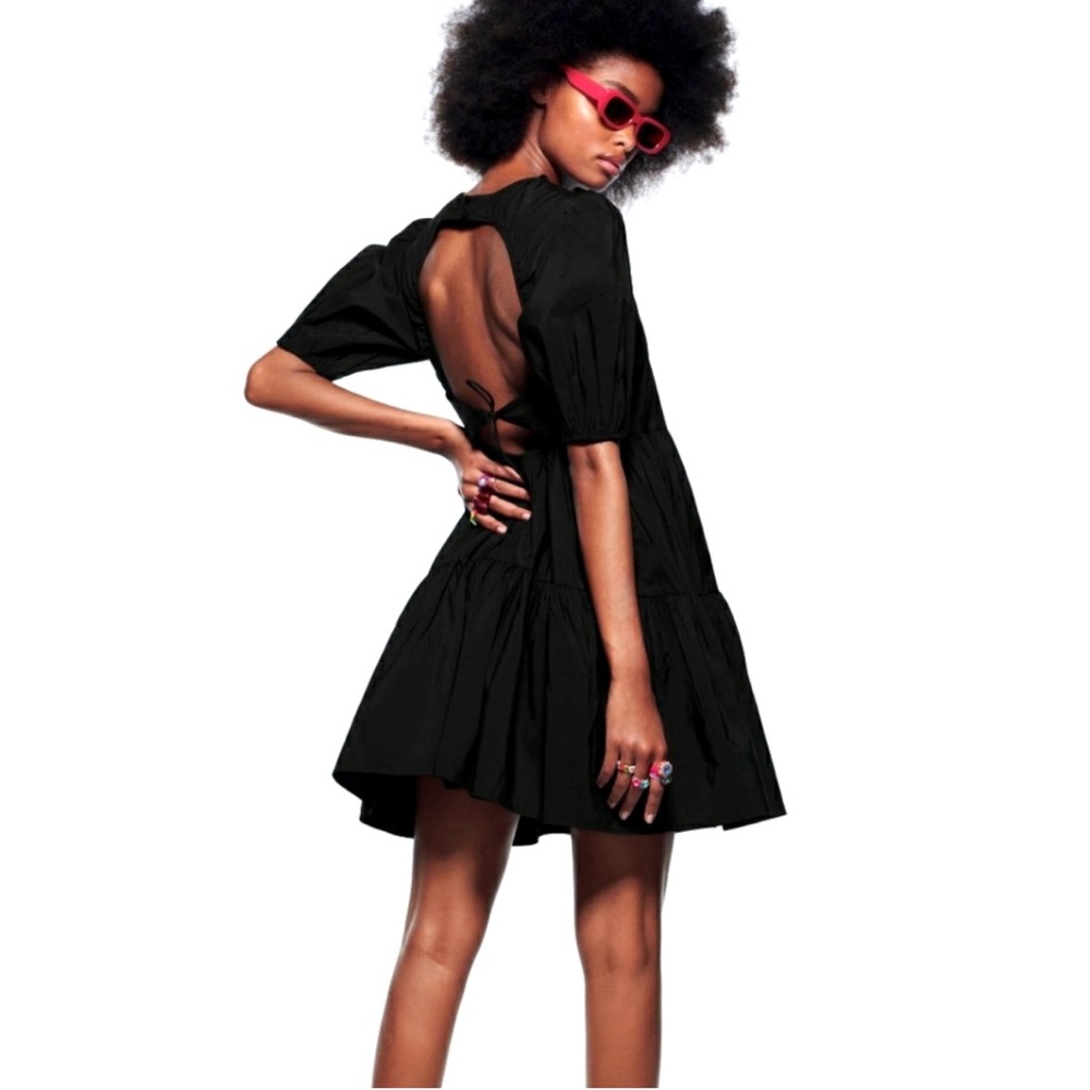 Zara Black Tiered Poplin Open‎ Back Mini Dress XS